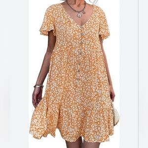 Peach Floral V Neck Flowy Short Sleeve Women's Dress Size XL  NWOT